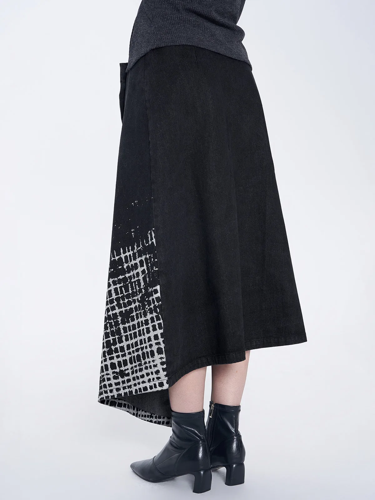 Checked Asymmetric Denim Skirt