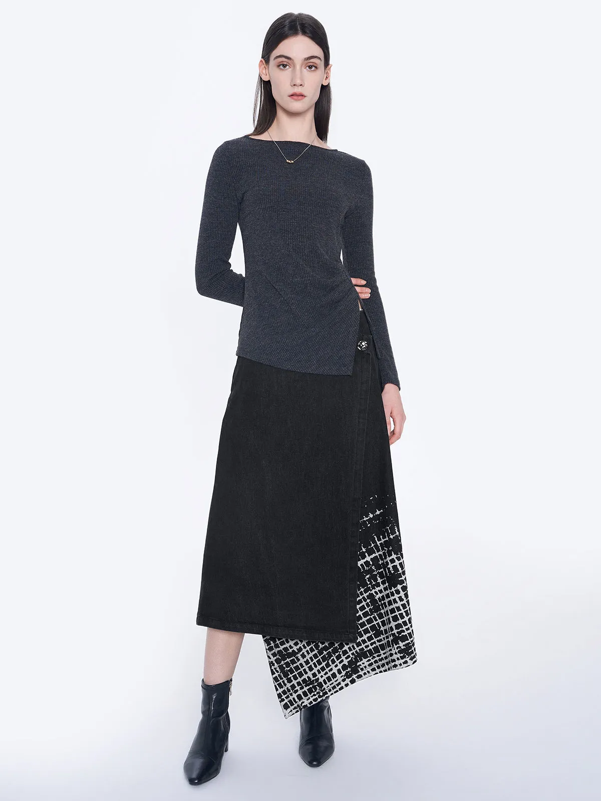 Checked Asymmetric Denim Skirt