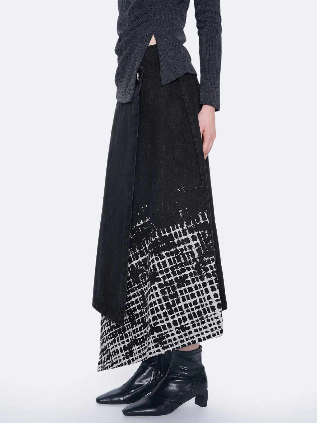 Checked Asymmetric Denim Skirt