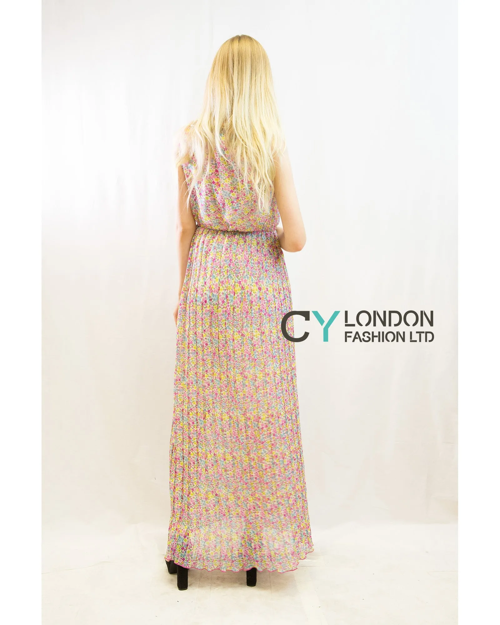 Chiffon Cross Wrap Maxi Dress Pink Floral