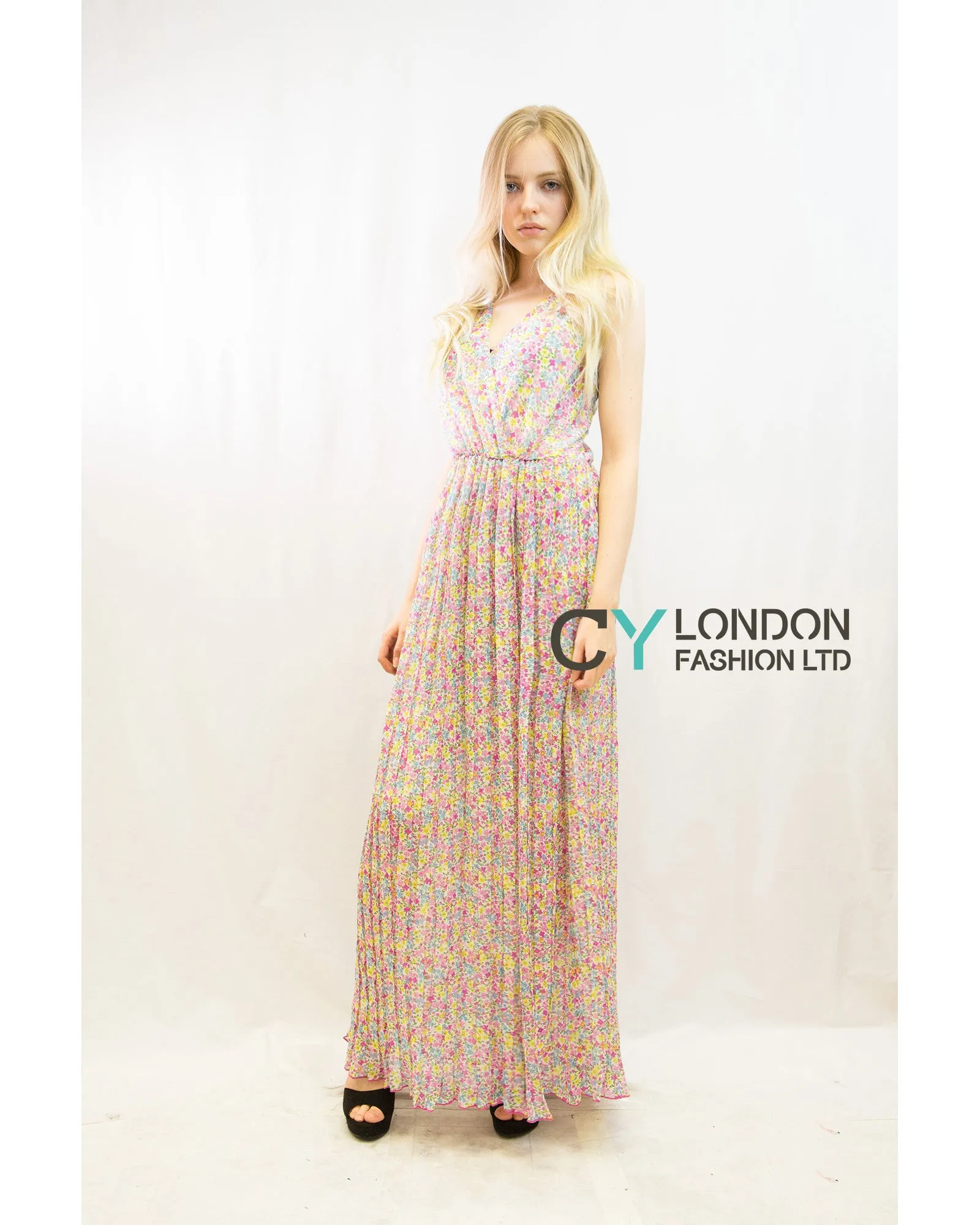 Chiffon Cross Wrap Maxi Dress Pink Floral