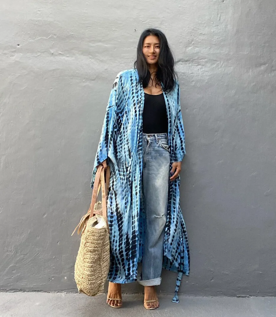 Dark Blue Tie Dye Kimono Cover-Up for Women