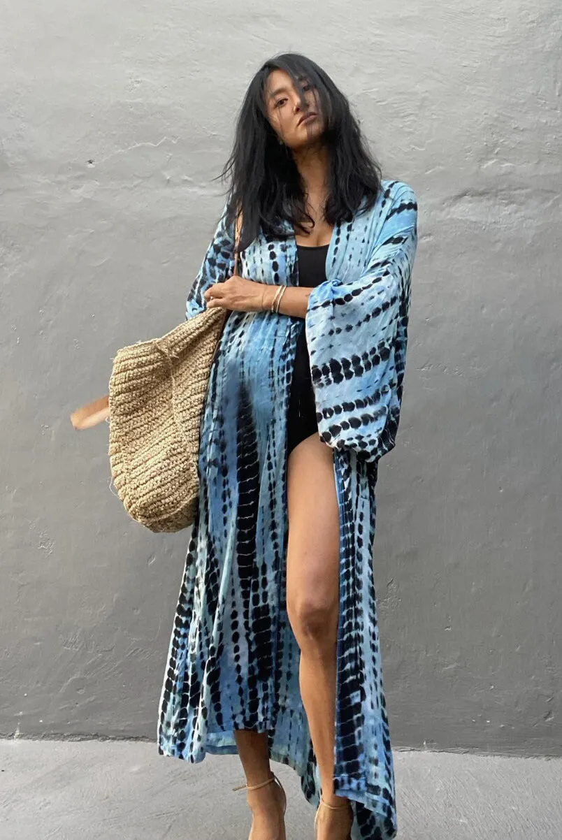 Dark Blue Tie Dye Kimono Cover-Up for Women