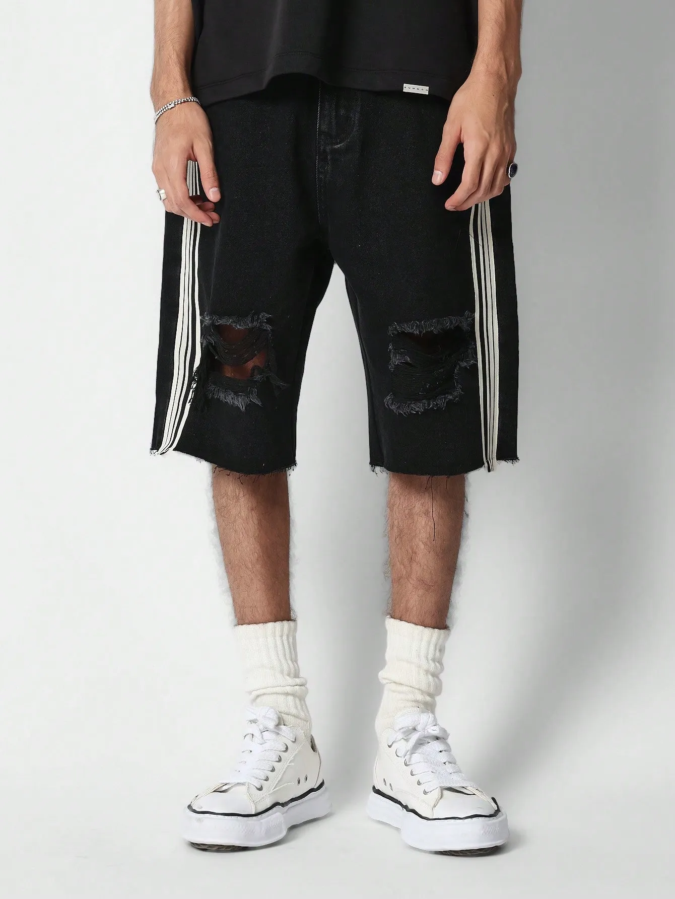 Denim Distressed Jorts With Side Tape