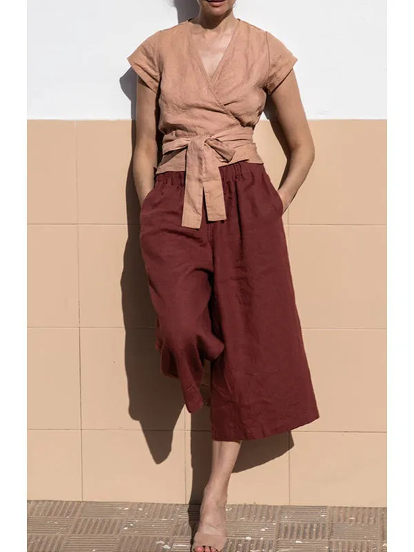 Elastic Waist Wide Leg Linen Casual Pants