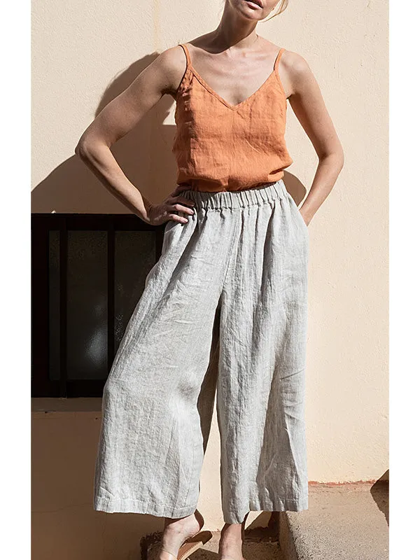 Elastic Waist Wide Leg Linen Casual Pants