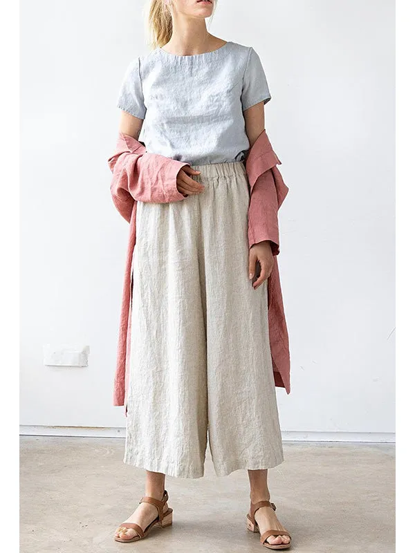 Elastic Waist Wide Leg Linen Casual Pants