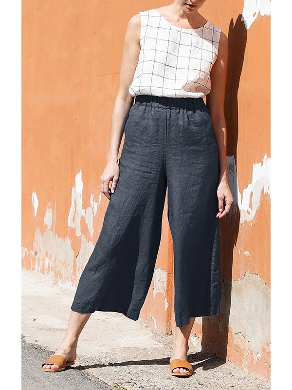 Elastic Waist Wide Leg Linen Casual Pants