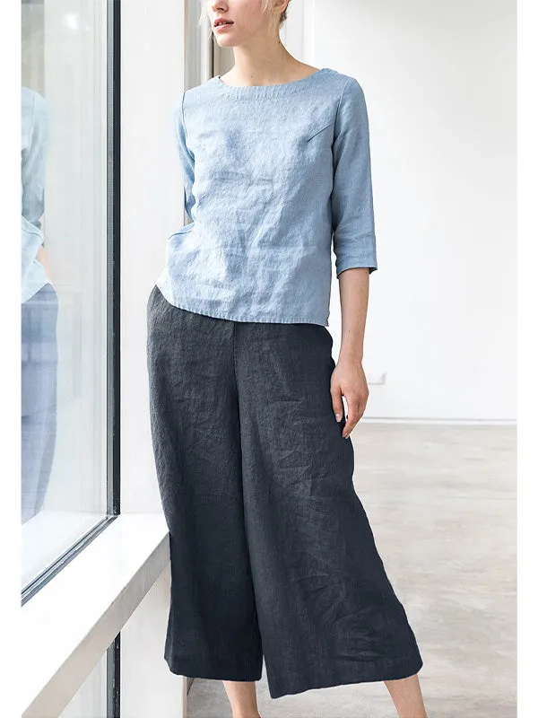 Elastic Waist Wide Leg Linen Casual Pants