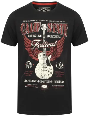 Festival Motif Cotton Crew Neck T-Shirt In Jet Black - Tokyo Laundry