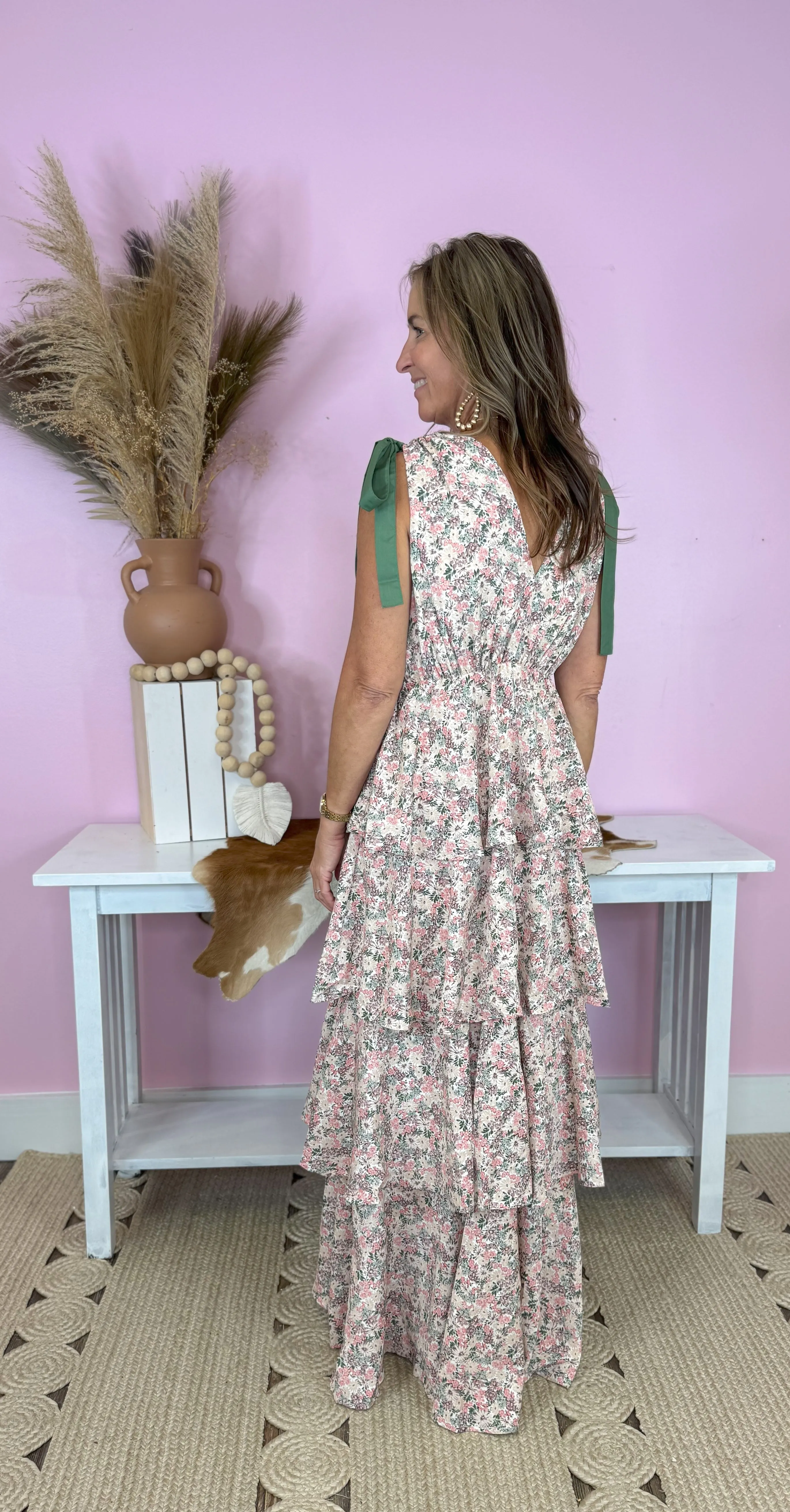 Field Of Flowers Slate Rose Floral Print V Neck Tiered Maxi Dress