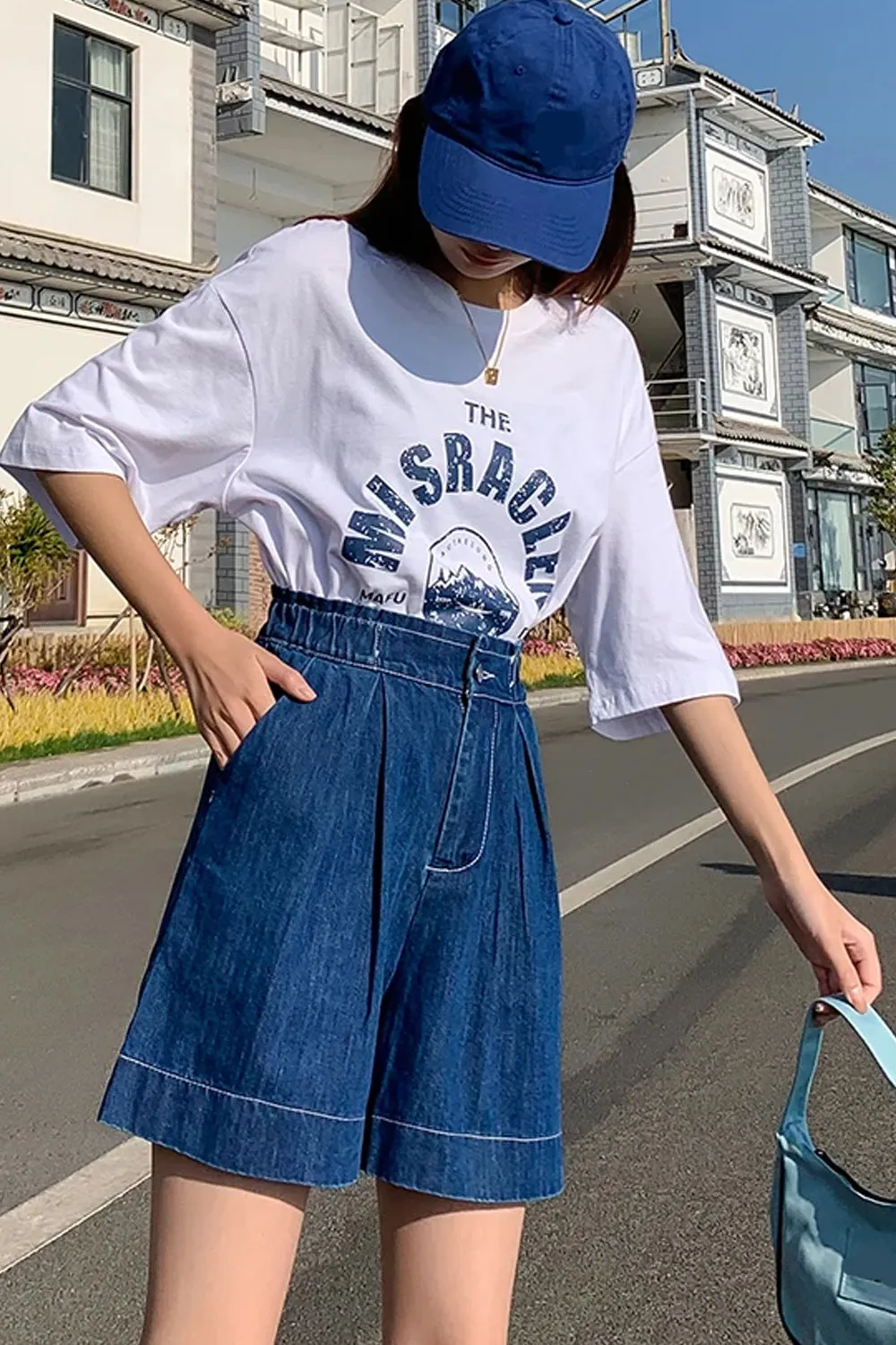 Flytonn-cute winter outfits casual winter outfits christmas outfit party look inspos High Waist Knee Length Denim Shorts
