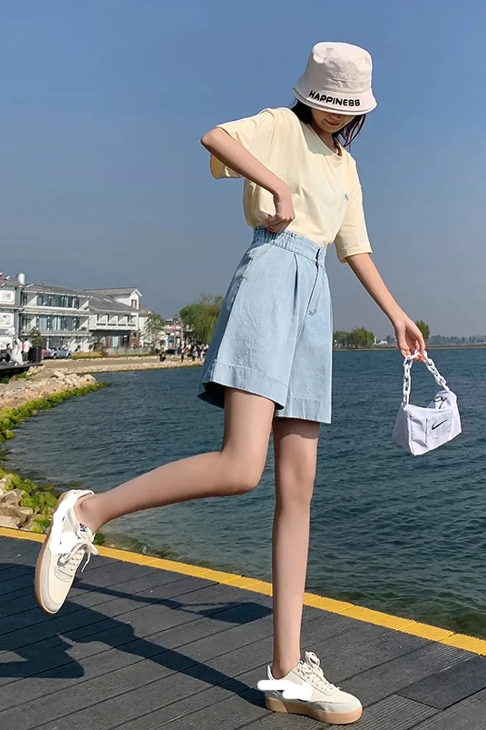 Flytonn-cute winter outfits casual winter outfits christmas outfit party look inspos High Waist Knee Length Denim Shorts