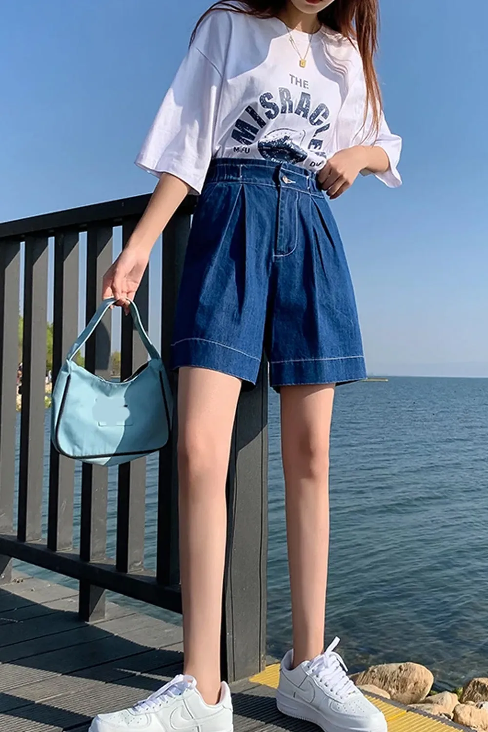 Flytonn-cute winter outfits casual winter outfits christmas outfit party look inspos High Waist Knee Length Denim Shorts