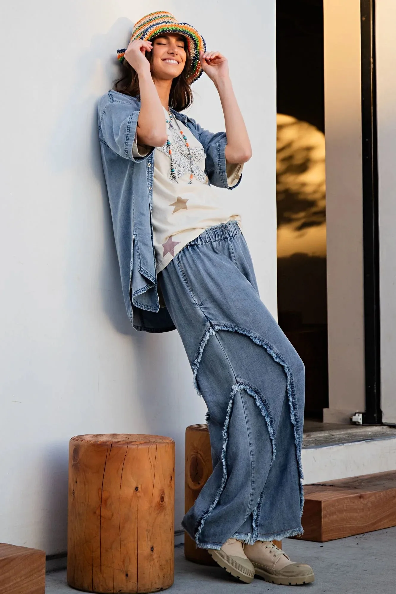 Fringed Denim Blue Palazzo Pants