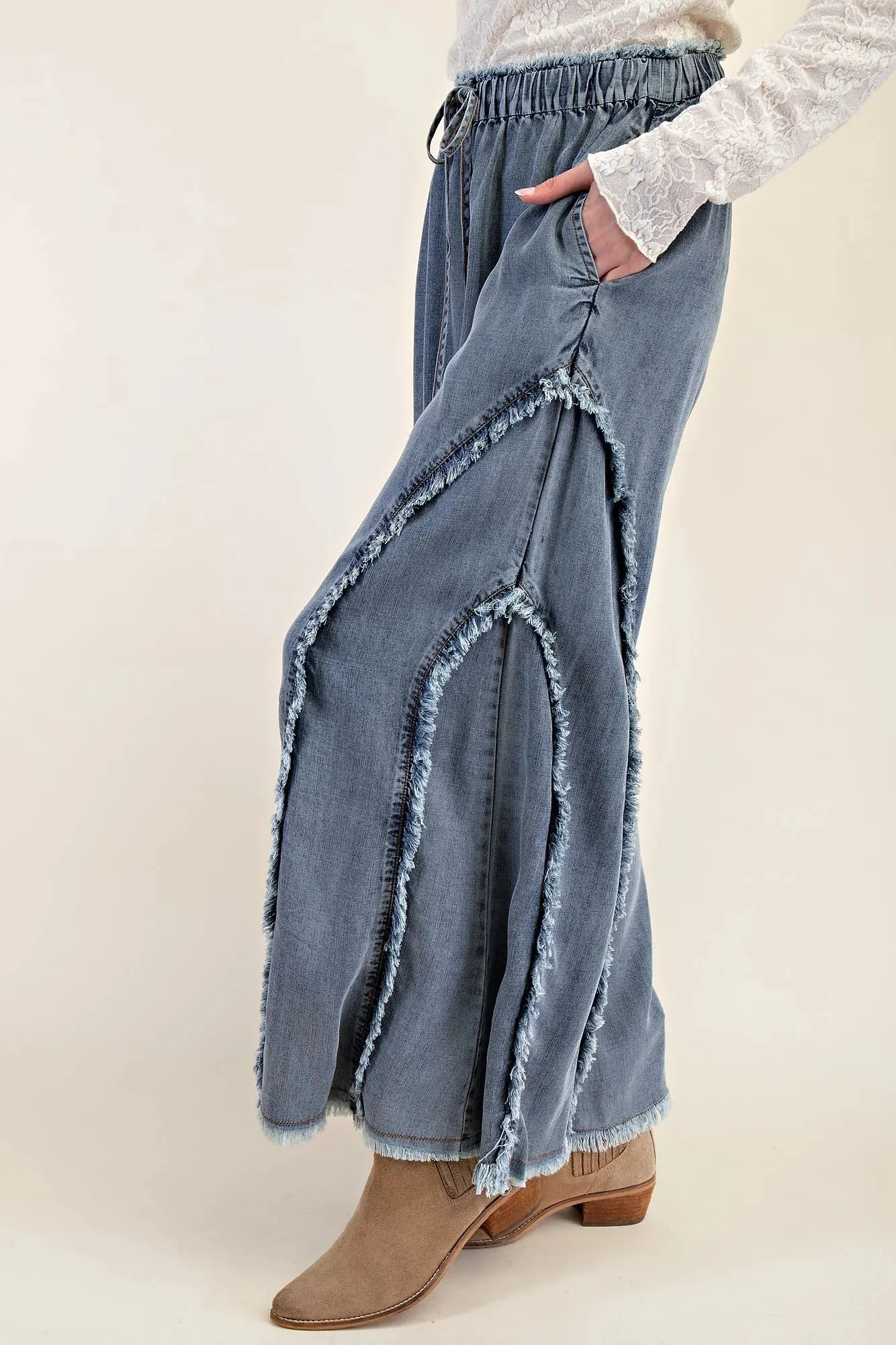 Fringed Denim Blue Palazzo Pants