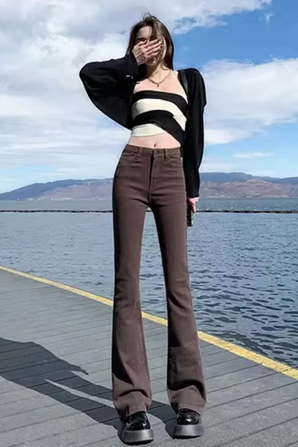 High Waist Elastic Slim Flare Jeans Pants