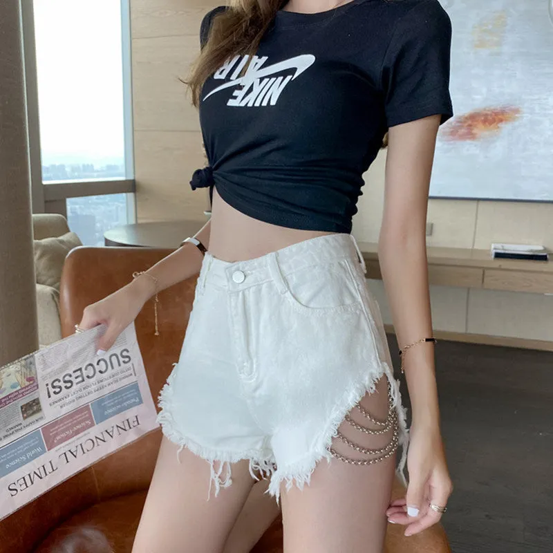 Hip Hop Frayed Destroyed Denim Shorts With Side Chain Ties