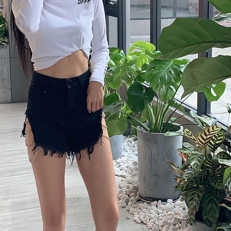 Hip Hop Frayed Destroyed Denim Shorts With Side Chain Ties