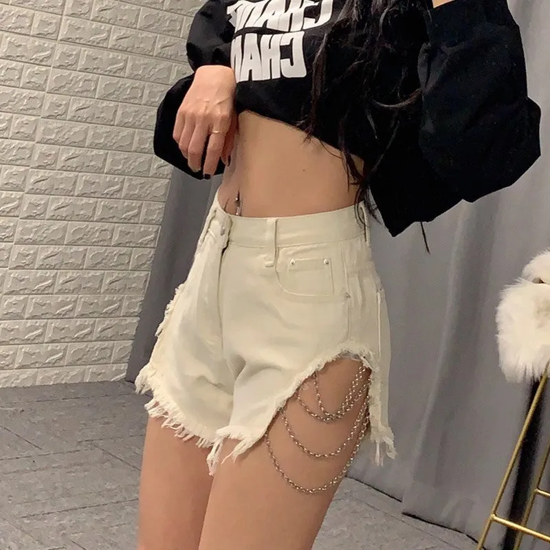 Hip Hop Frayed Destroyed Denim Shorts With Side Chain Ties