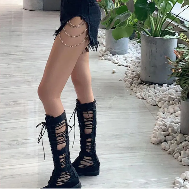 Hip Hop Frayed Destroyed Denim Shorts With Side Chain Ties