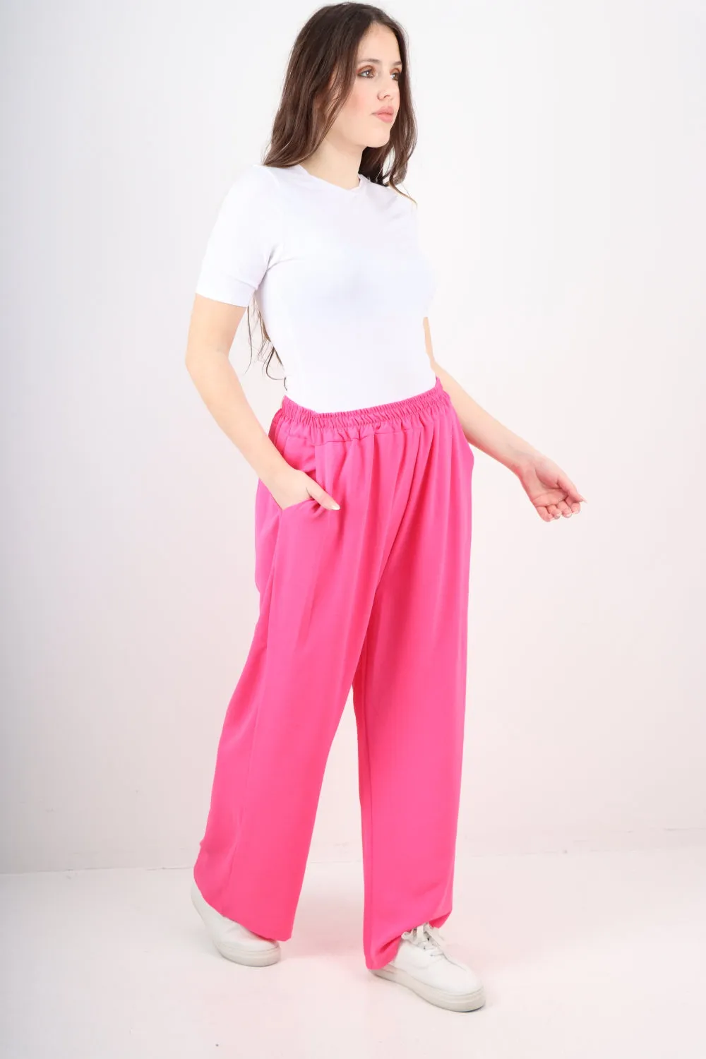 Italian Plain Elasticated Waist Side Pockets Cotton Trousers