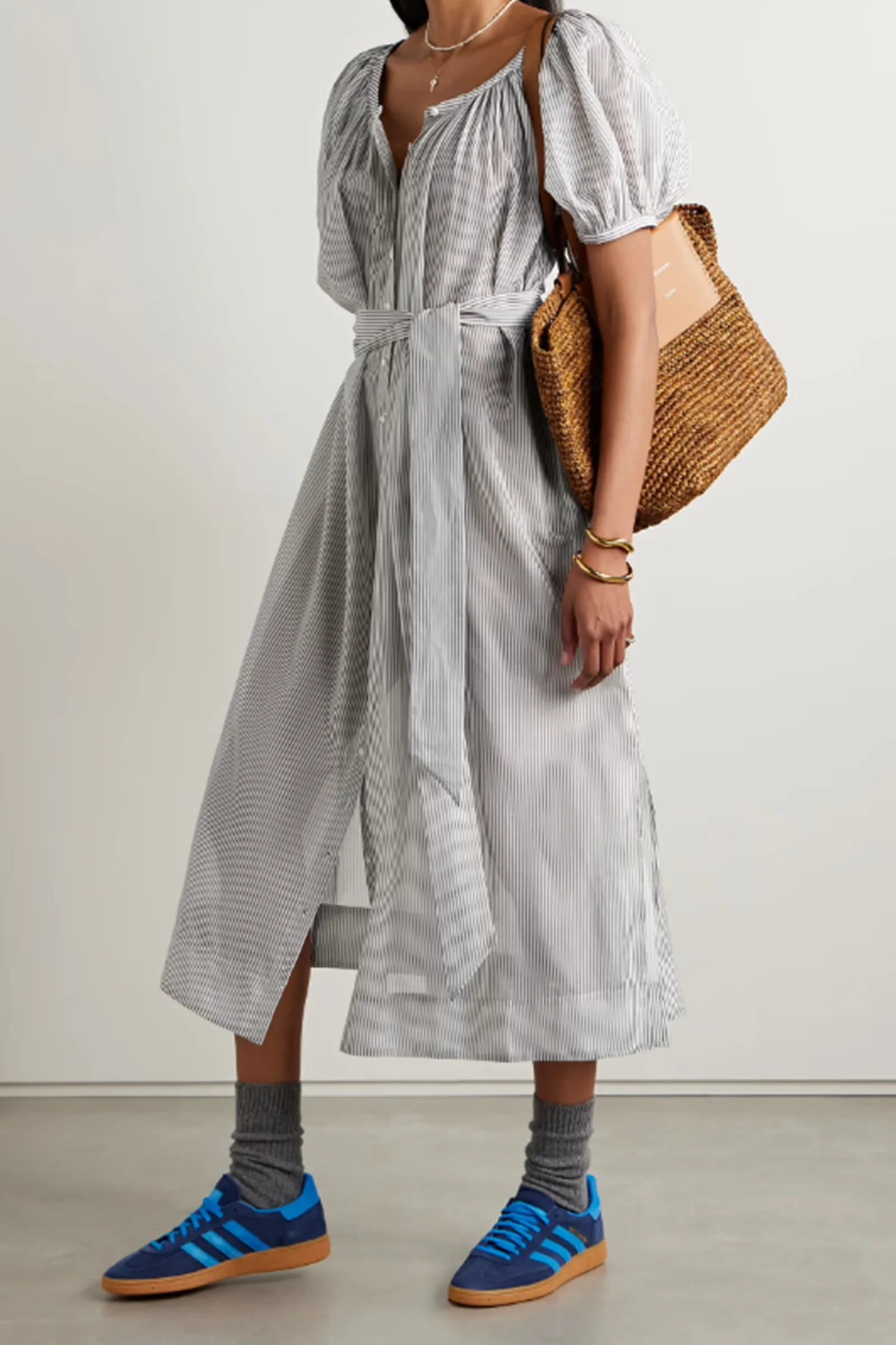 Juno Belted Striped Cotton-Blend Midi Dress