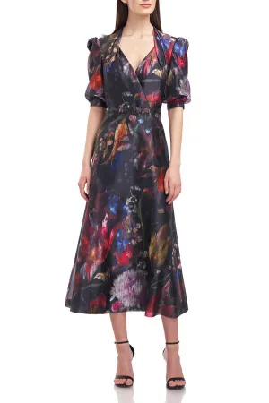 Kay Unger V-Neck Puffed Elbow Sleeve Belted Multi Print with Pockets Organza Dress