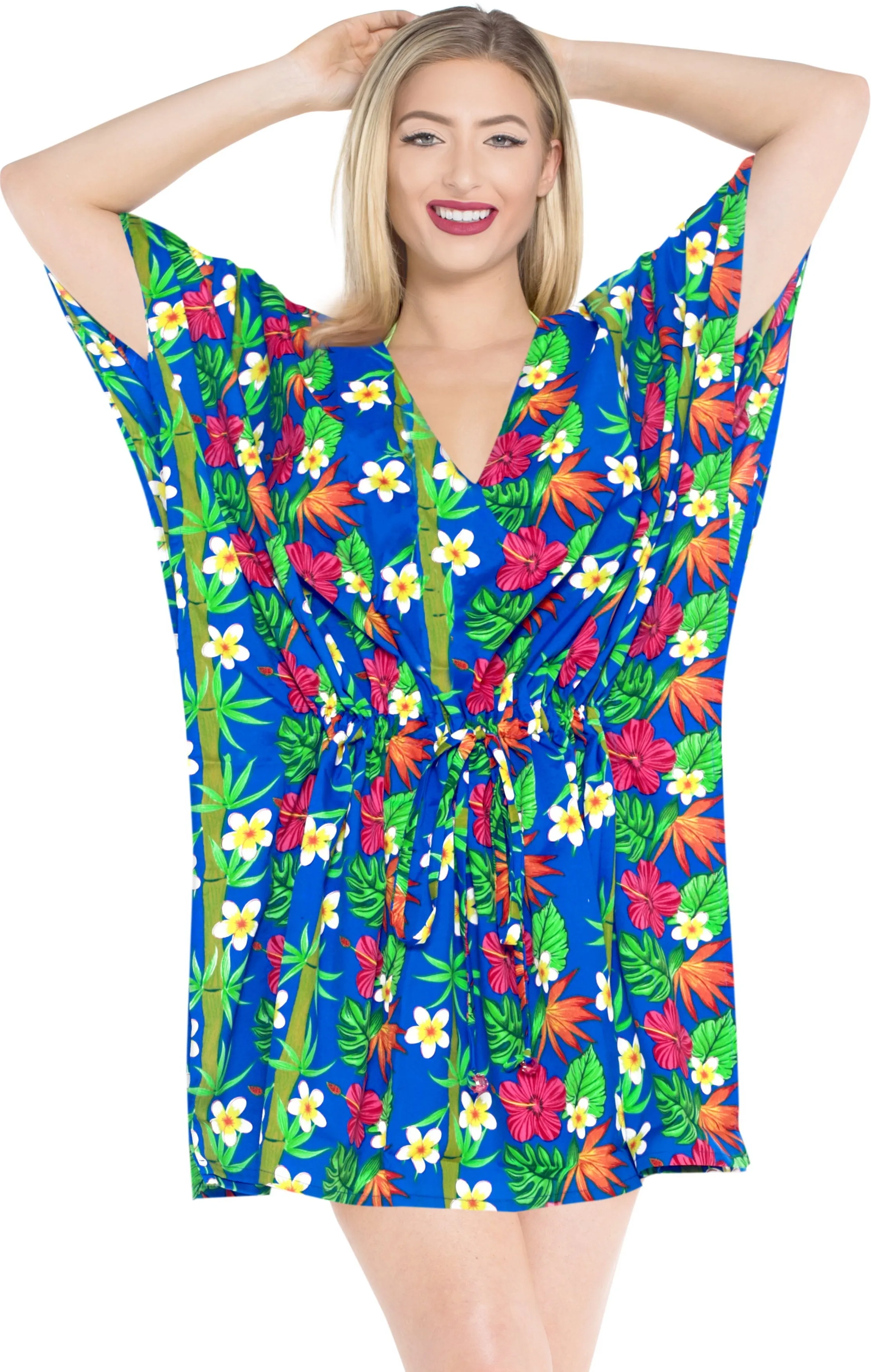 LA LEELA Bikni Swimwear Soft fabric Printed Beachwear Loose Cover Up OSFM 16-28W [XL- 4X] Blue_S45