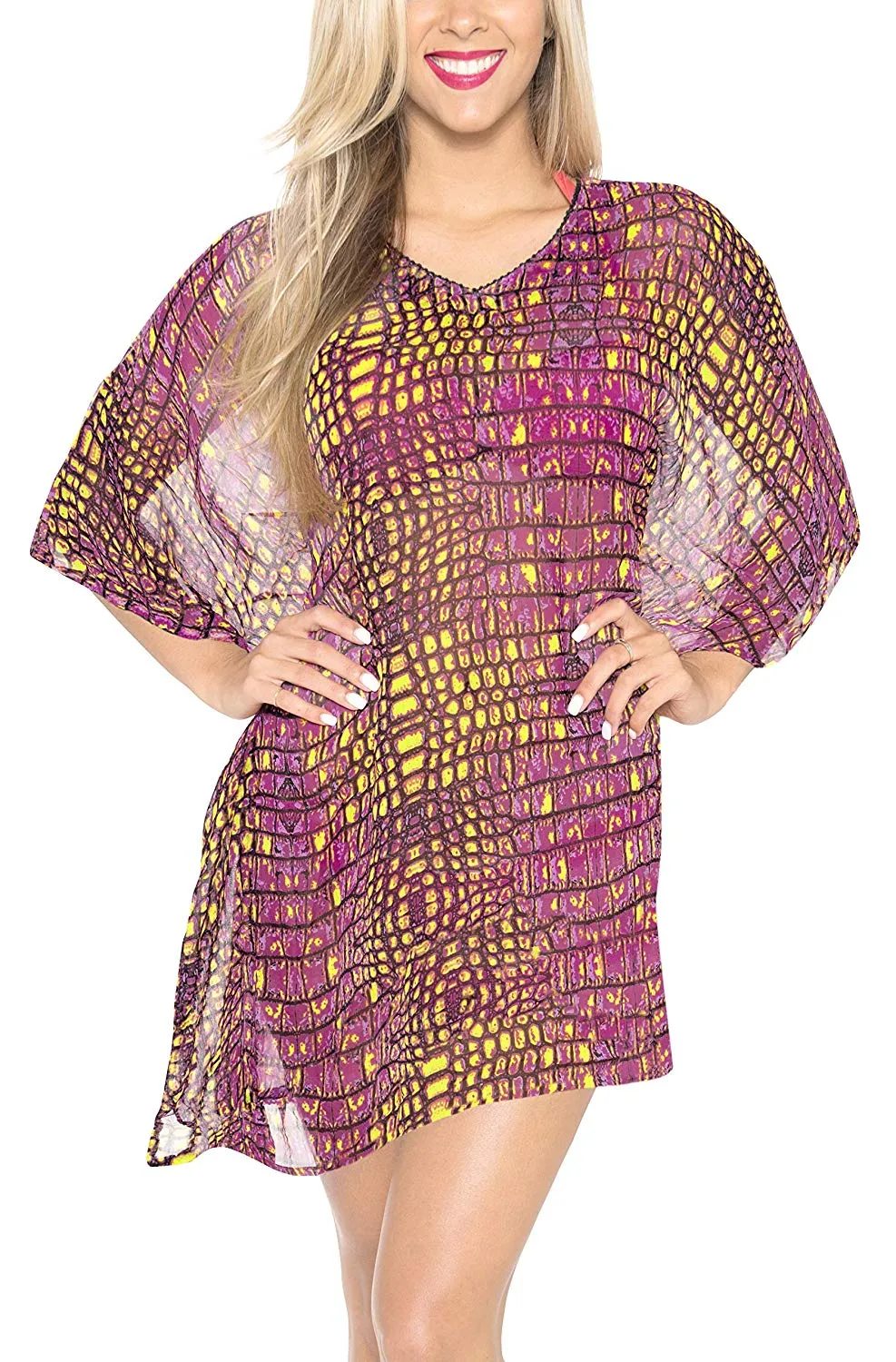 LA LEELA Chiffon Printed Cover Up Tassel Women OSFM 8-14 [M-L] Pink_6180