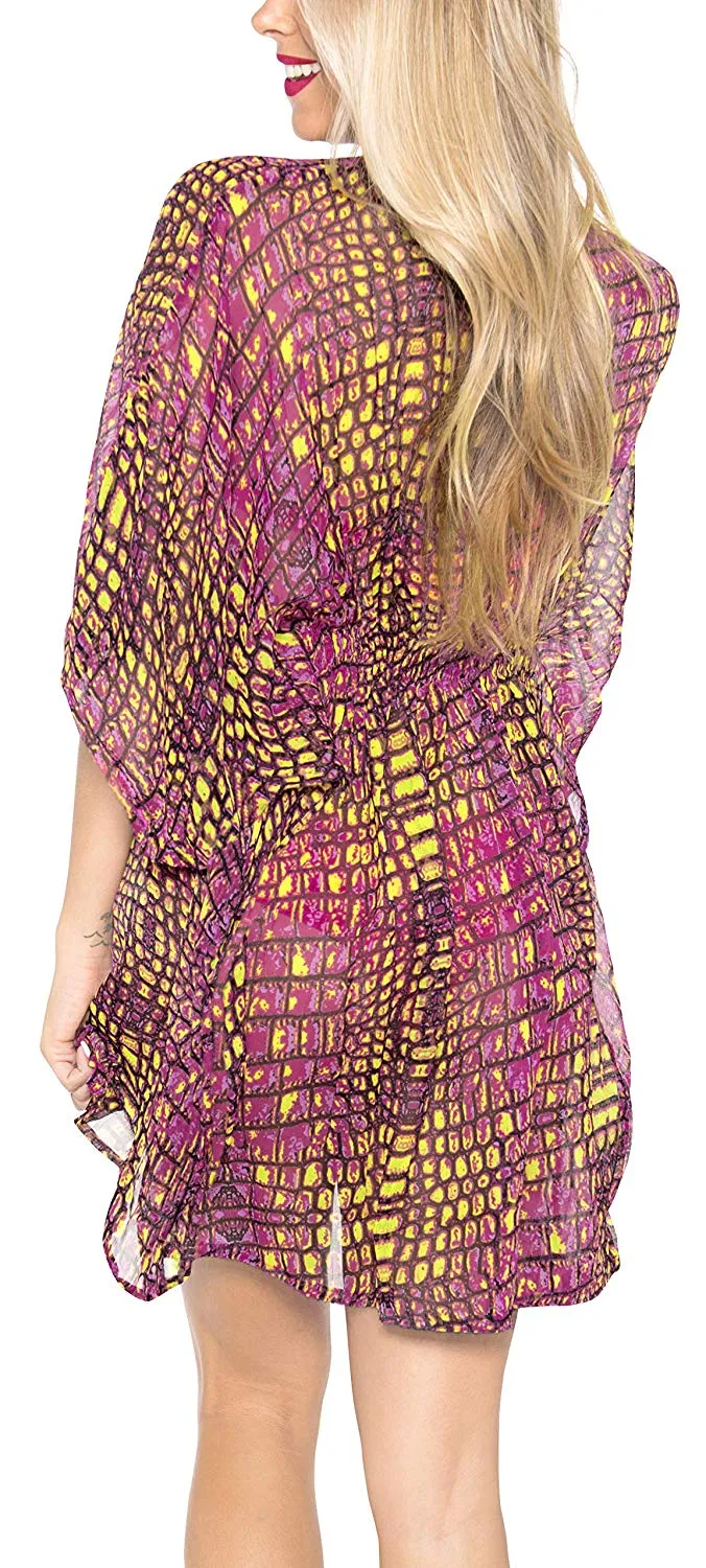 LA LEELA Chiffon Printed Cover Up Tassel Women OSFM 8-14 [M-L] Pink_6180