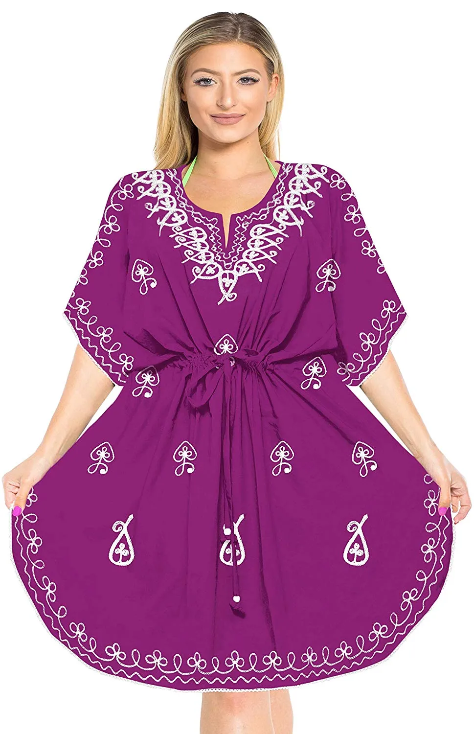 LA LEELA Rayon 2 Solid Women's Caftan Kimono Nightgown Dress Beachwear Cover up