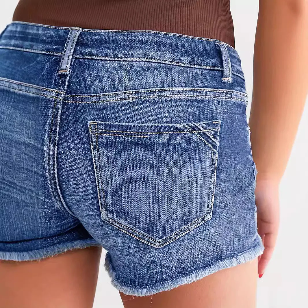 Ladies Ripped Wadding Button Shorts – Light Blue Denim Street Fashion