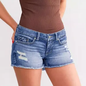 Ladies Ripped Wadding Button Shorts – Light Blue Denim Street Fashion