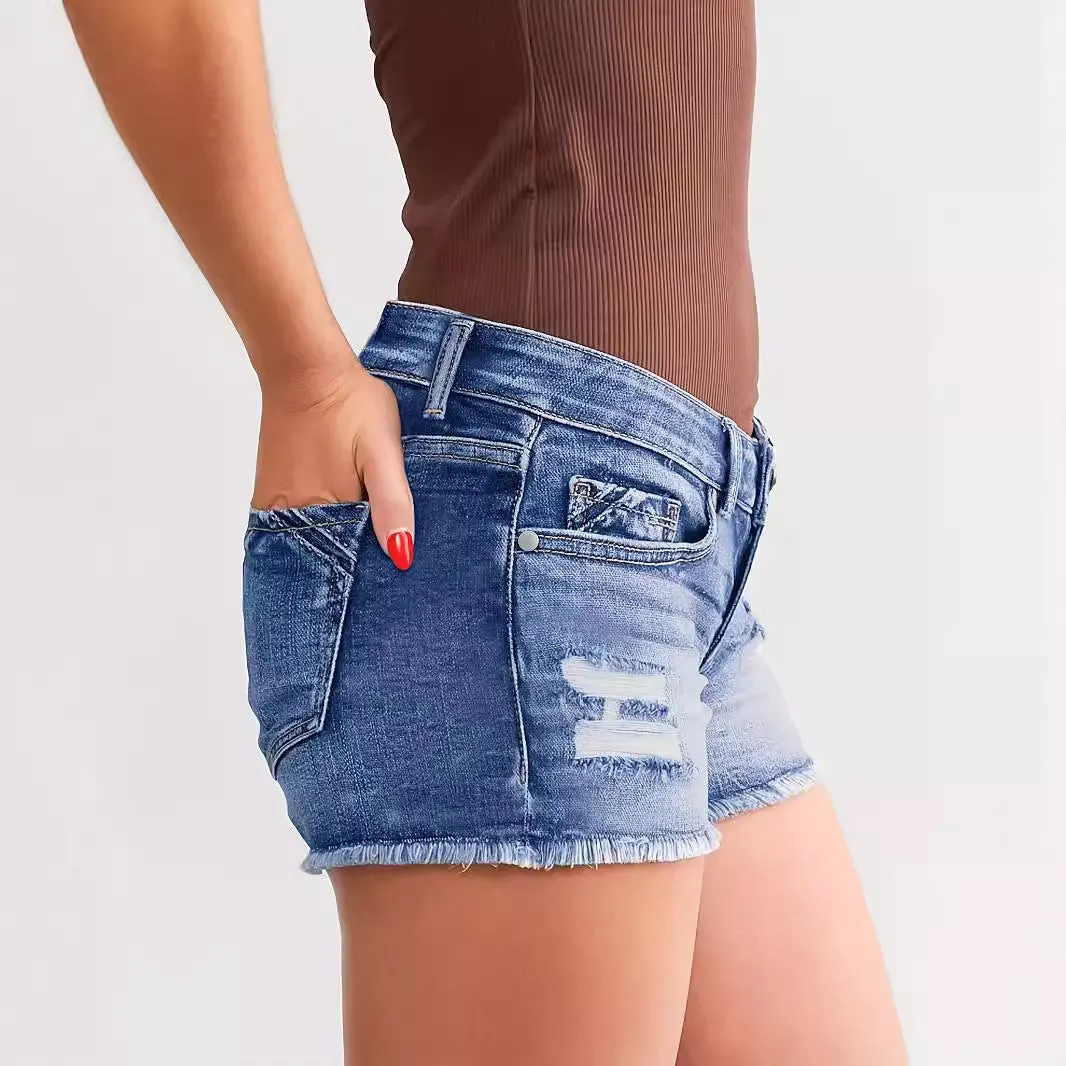 Ladies Ripped Wadding Button Shorts – Light Blue Denim Street Fashion