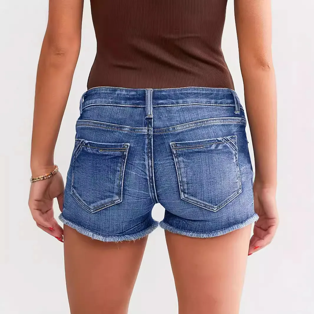 Ladies Ripped Wadding Button Shorts – Light Blue Denim Street Fashion