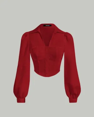 Lantern Sleeve Button Front Slim Fit Red Shirt