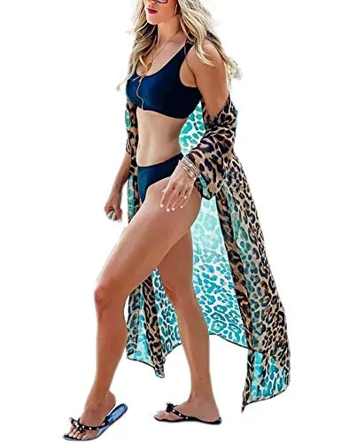 Leopard Print Beach Kimono Cardigan: Women's Swimwear Cover Up