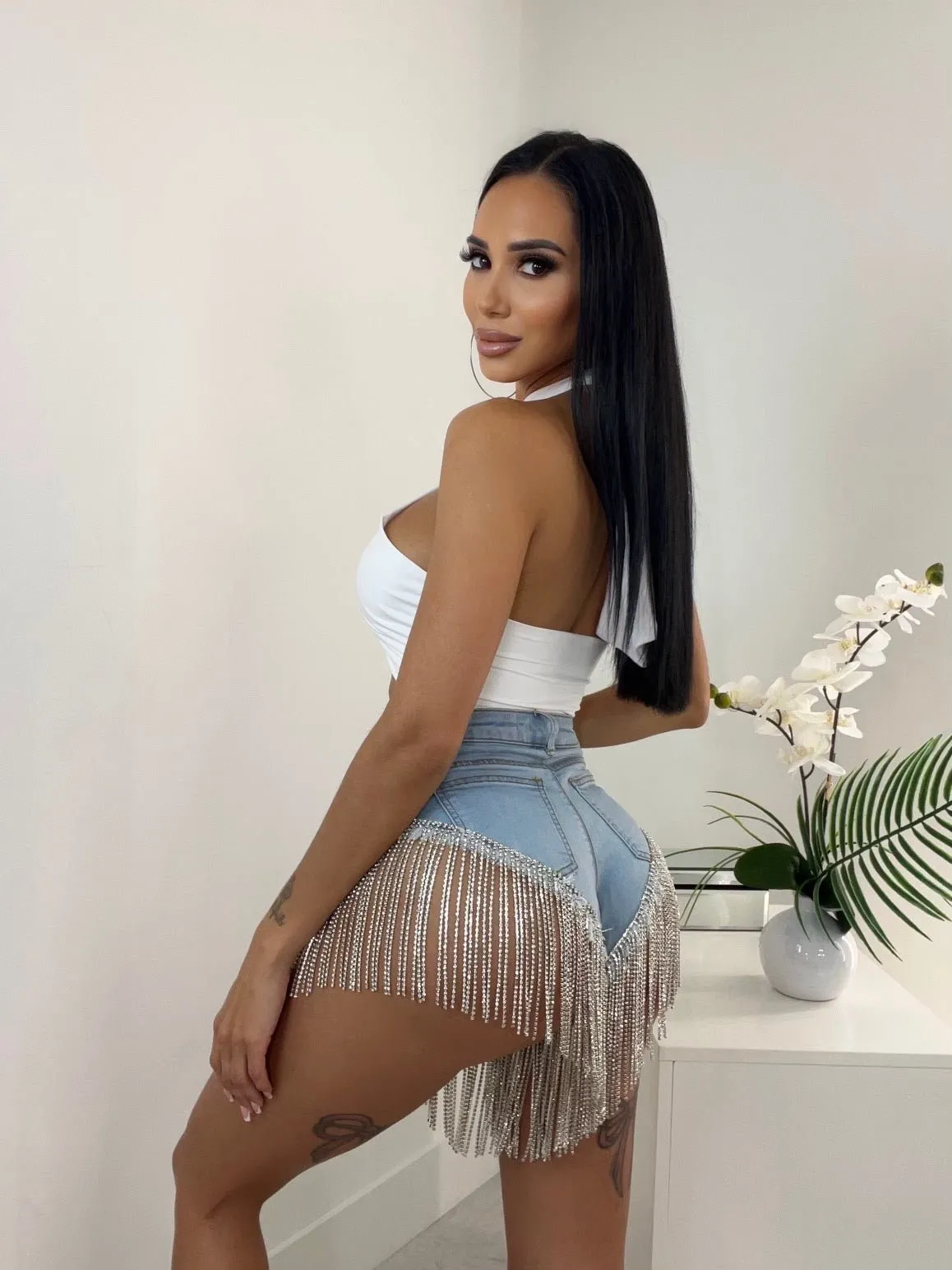 Light Denim Fringe Rhinestone Hem Booty Shorts