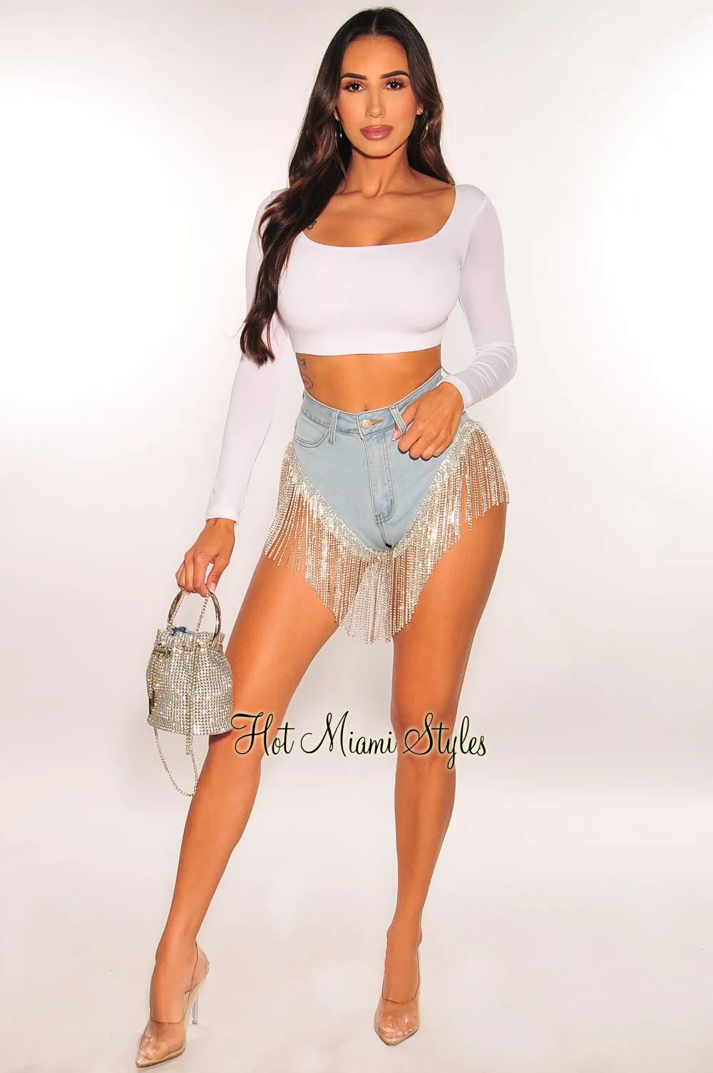 Light Denim Fringe Rhinestone Hem Booty Shorts