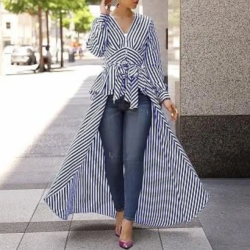 Long Tail V-Neck Top Striped Tie Waist Dip Hem Irregular Blouse
