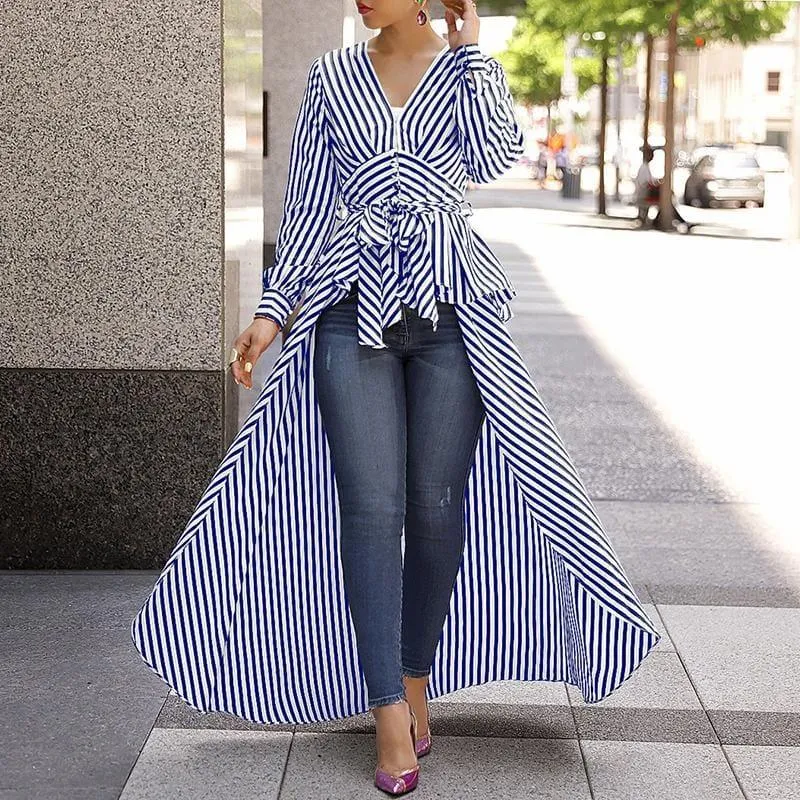 Long Tail V-Neck Top Striped Tie Waist Dip Hem Irregular Blouse