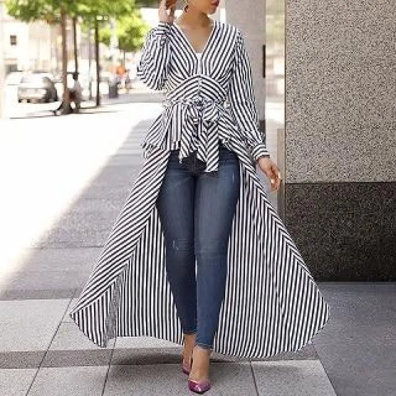 Long Tail V-Neck Top Striped Tie Waist Dip Hem Irregular Blouse