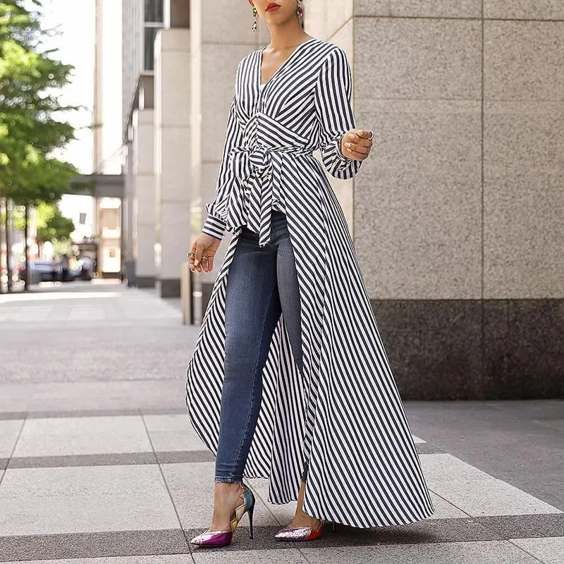 Long Tail V-Neck Top Striped Tie Waist Dip Hem Irregular Blouse