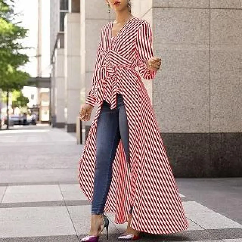 Long Tail V-Neck Top Striped Tie Waist Dip Hem Irregular Blouse