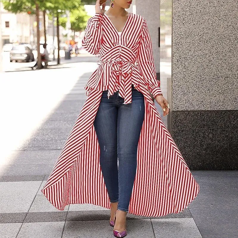 Long Tail V-Neck Top Striped Tie Waist Dip Hem Irregular Blouse