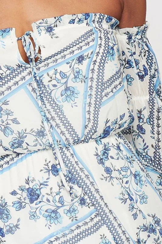 Off Shoulder Blue Floral Maxi Dress