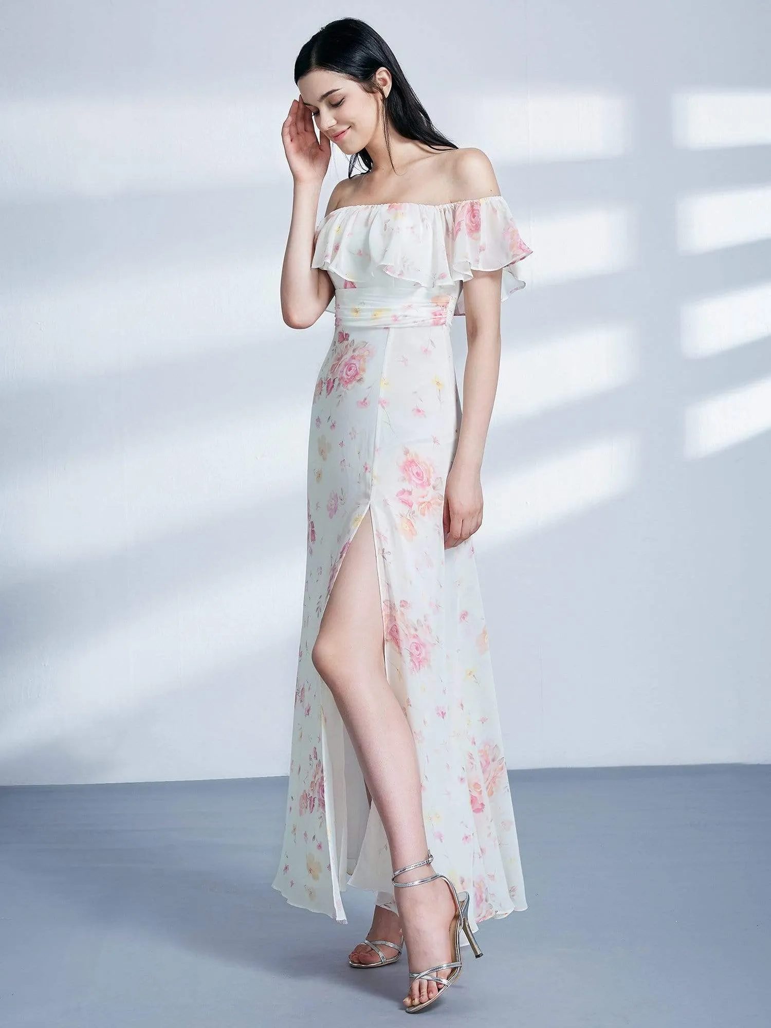 Off Shoulder Floral Print Long Party Dress
