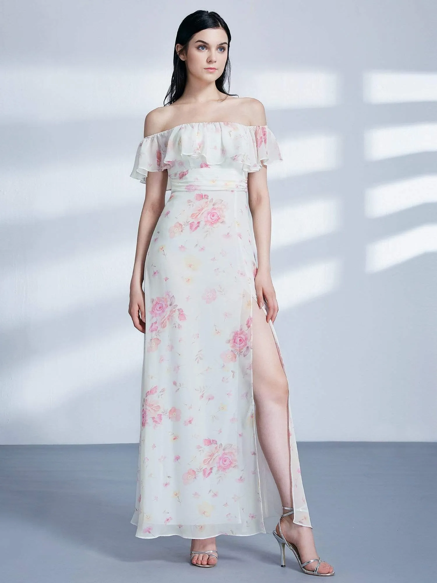 Off Shoulder Floral Print Long Party Dress