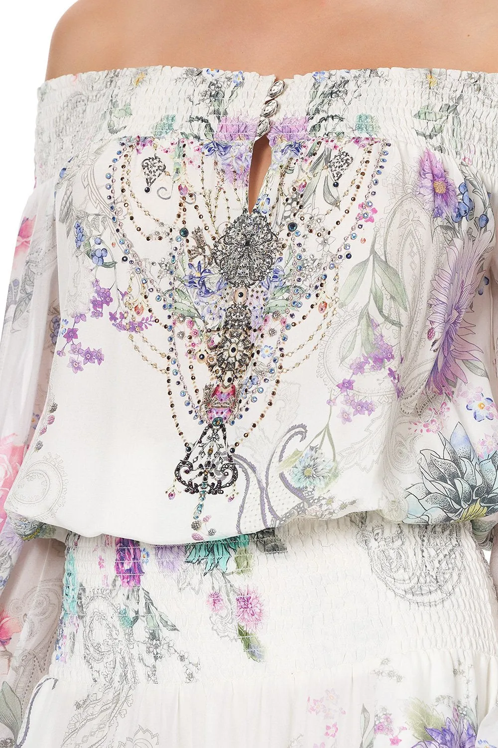 OFF SHOULDER SHIRRED DRESS FOREVER FAR